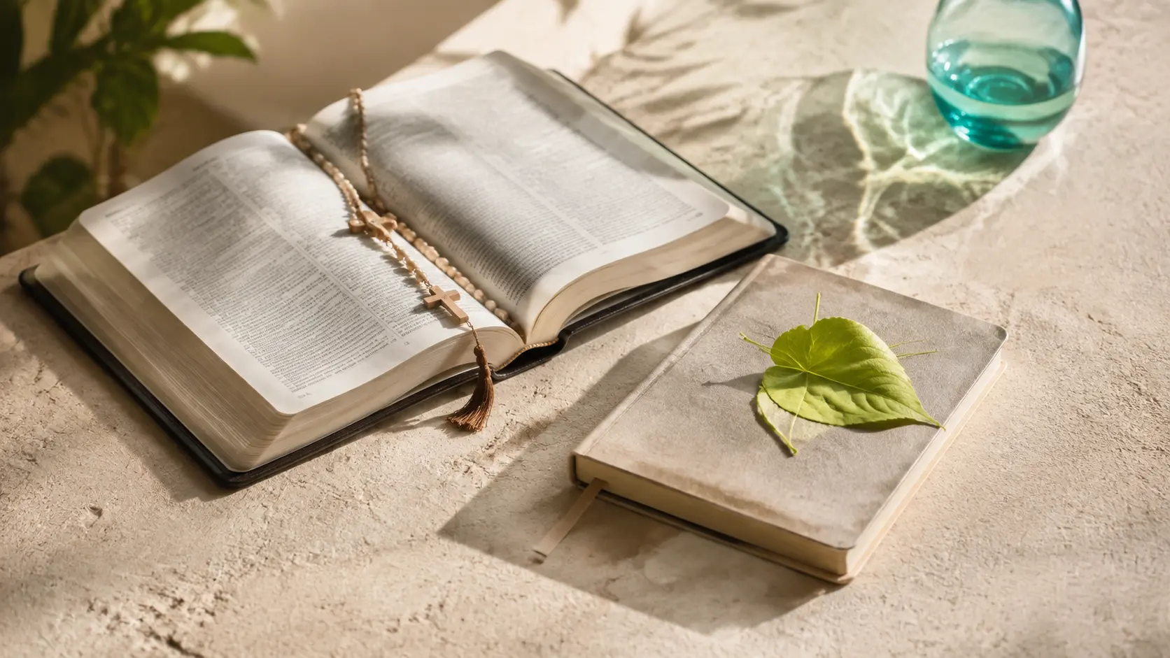 Biblia abierta, cuaderno y rosario sobre una mesa iluminada