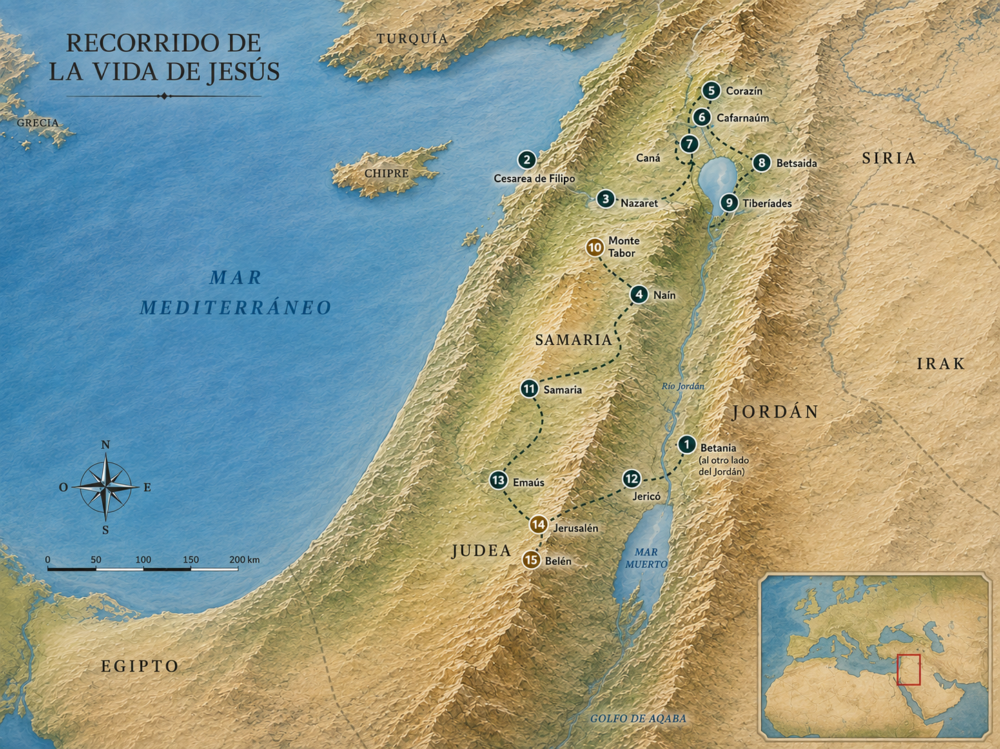 Mapa del recorrido de la vida pública de Jesús por Tierra Santa