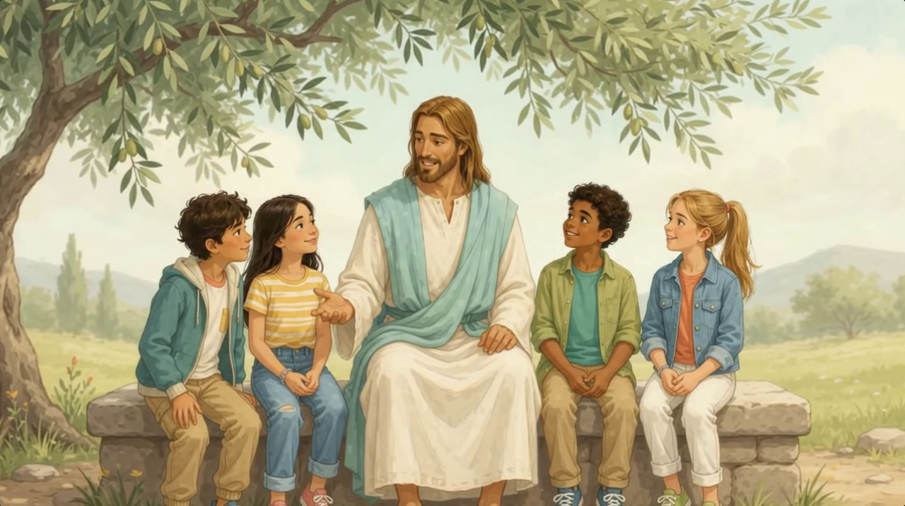 Jesús con niños, imagen del juego de catequesis Palabras que nos unen