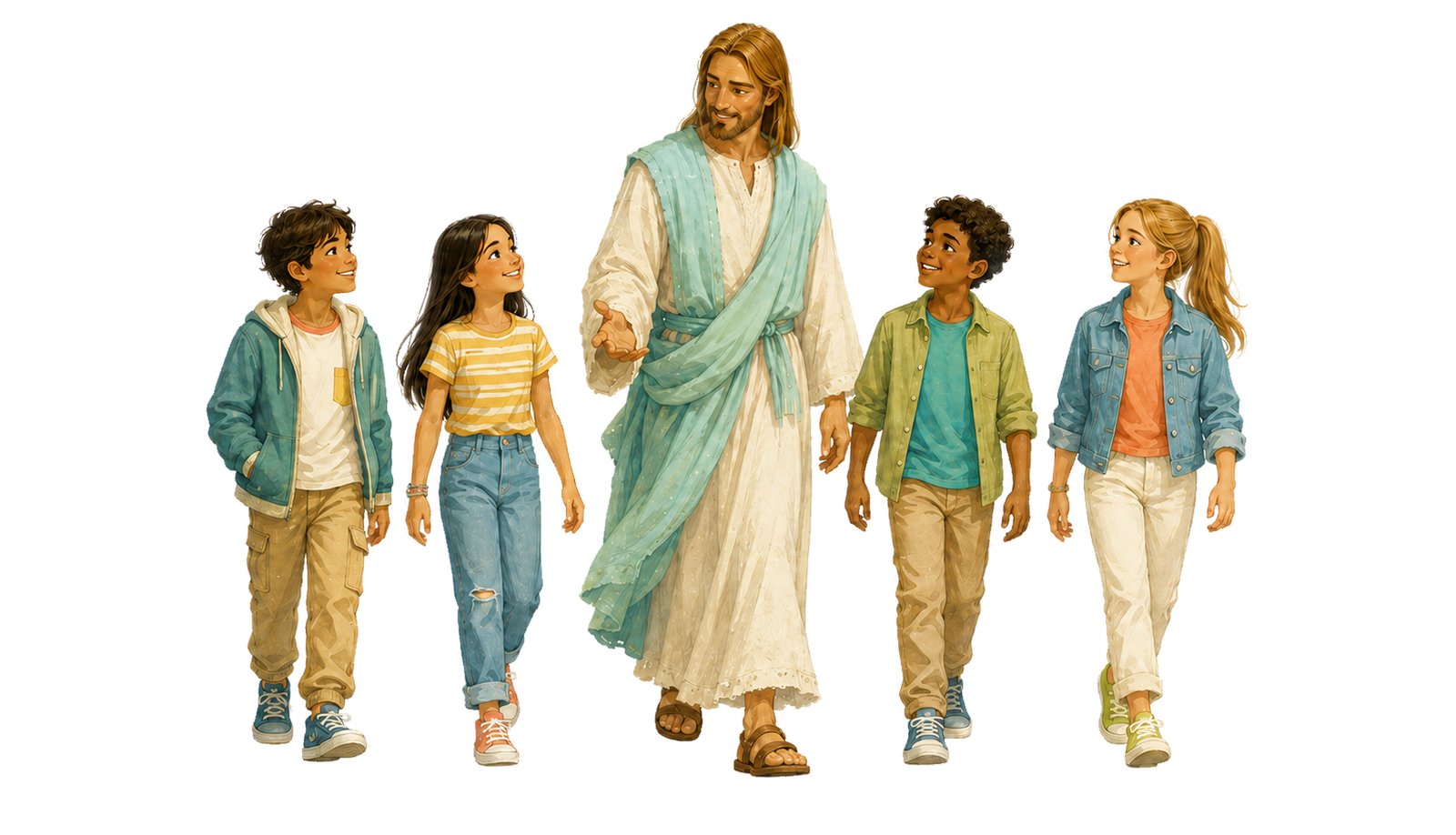 Jesús caminando con cuatro niños