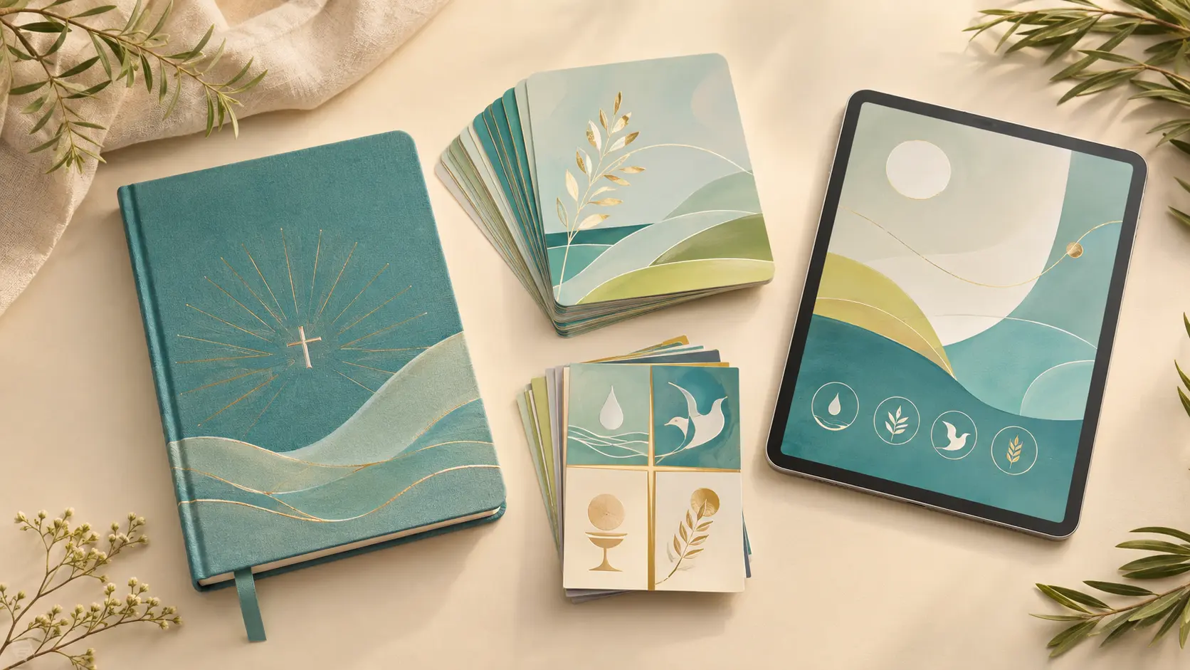 Cuaderno, tarjetas, materiales de catequesis y tableta con diseño SoraMois